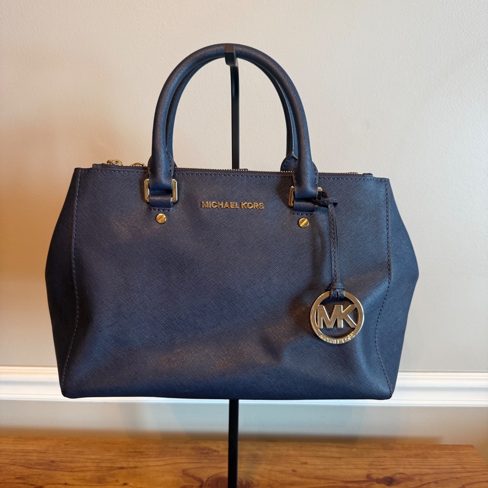 Michael Kors Sutton Satchel Navy Blue Saffiano Leather Handbag Purse Gold MK‎
